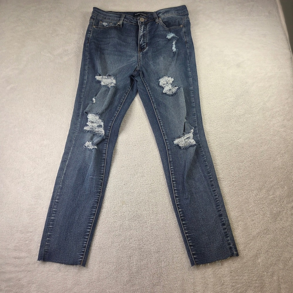 Almost Famous Womens Distressed Skinny Jeans Medium Wash Ripped Raw Hem Size 11
